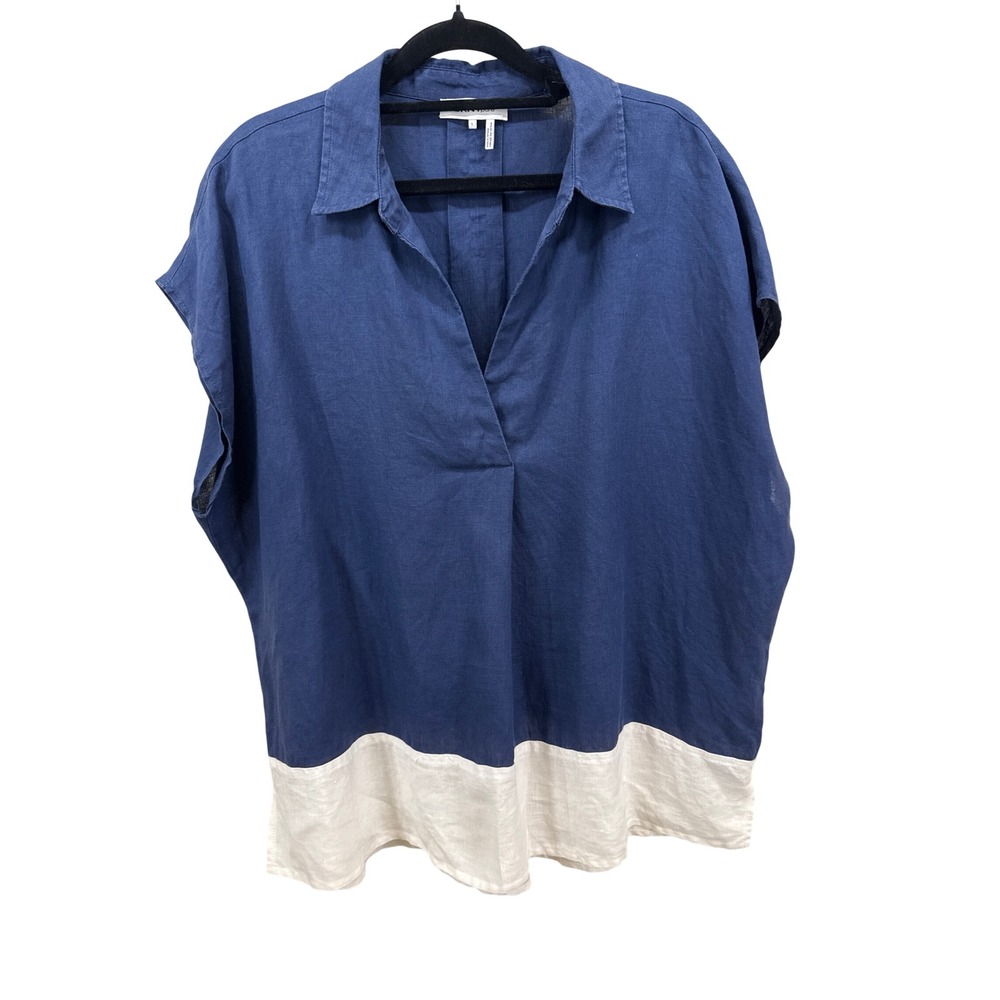 DKNY Pure Womens Navy Blue White Colorblock 100% Linen V-Neck Tunic Top Large